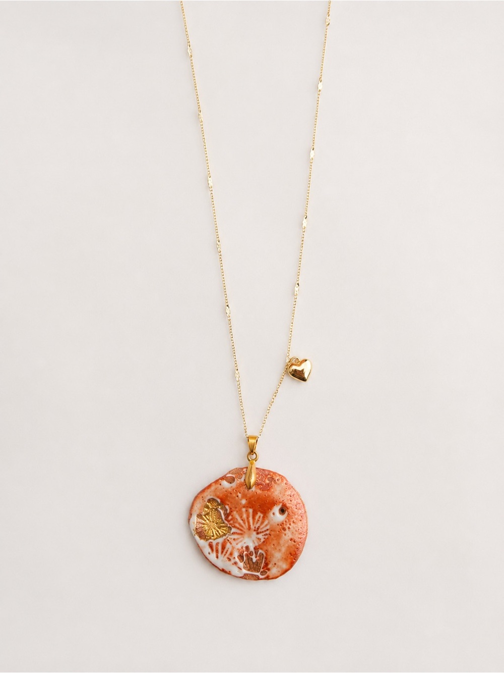 Handmade Ceramic Pendant Necklace Gold Floral Boho Artisan Jewelry Gift